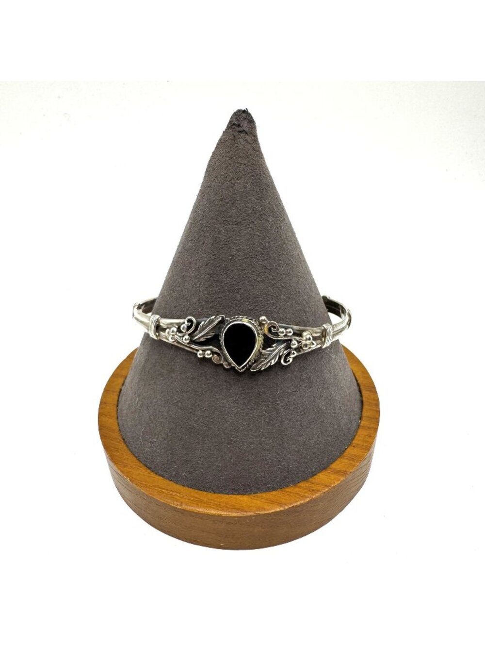 Solid Sterling Silver 925 Teardrop Black Onyx Cuff Bracelet Size 7" Fit